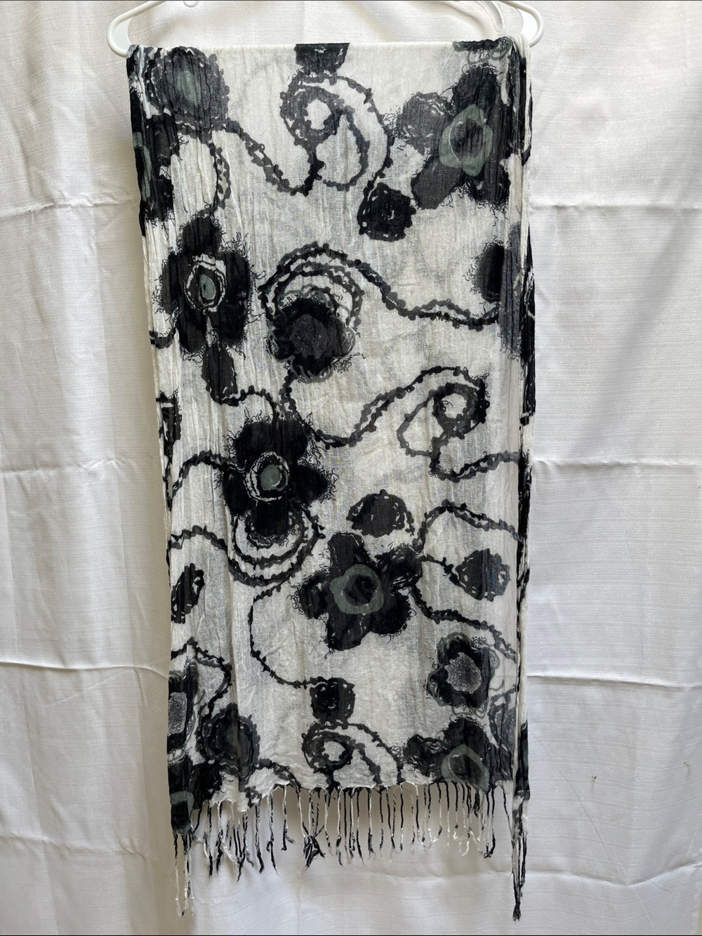Floral Fringed Black & White & Sage Women’s Scarf